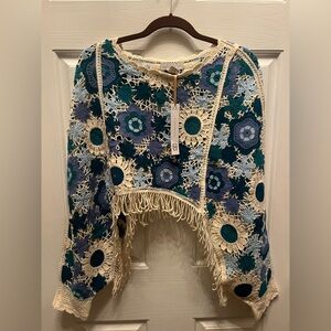 NWT House of Harlow 1960 Fringed Blue and Cream Knit Poncho Sweater One Size